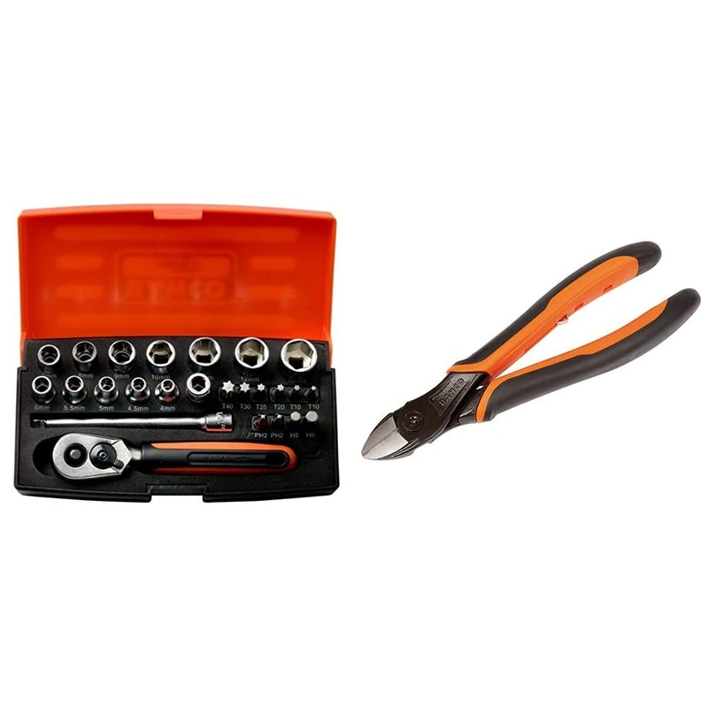 Bahco SL25 Ratchet Socket Set, Metric 1/4" Drive, 25 Pieces & BAH2101G-160 Ergo Side Cutting Pliers