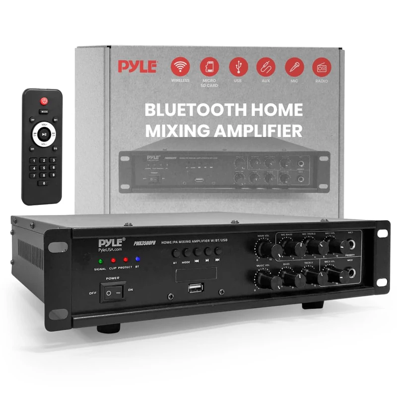 Pyle Amplifier HiFi Bluetooth Amplifier 500W PA Mixing System – Stereo Receiver Rack Mount with Mic Input Talk Over 70V 100V Output USB AUX Optical Coaxial LED Display
