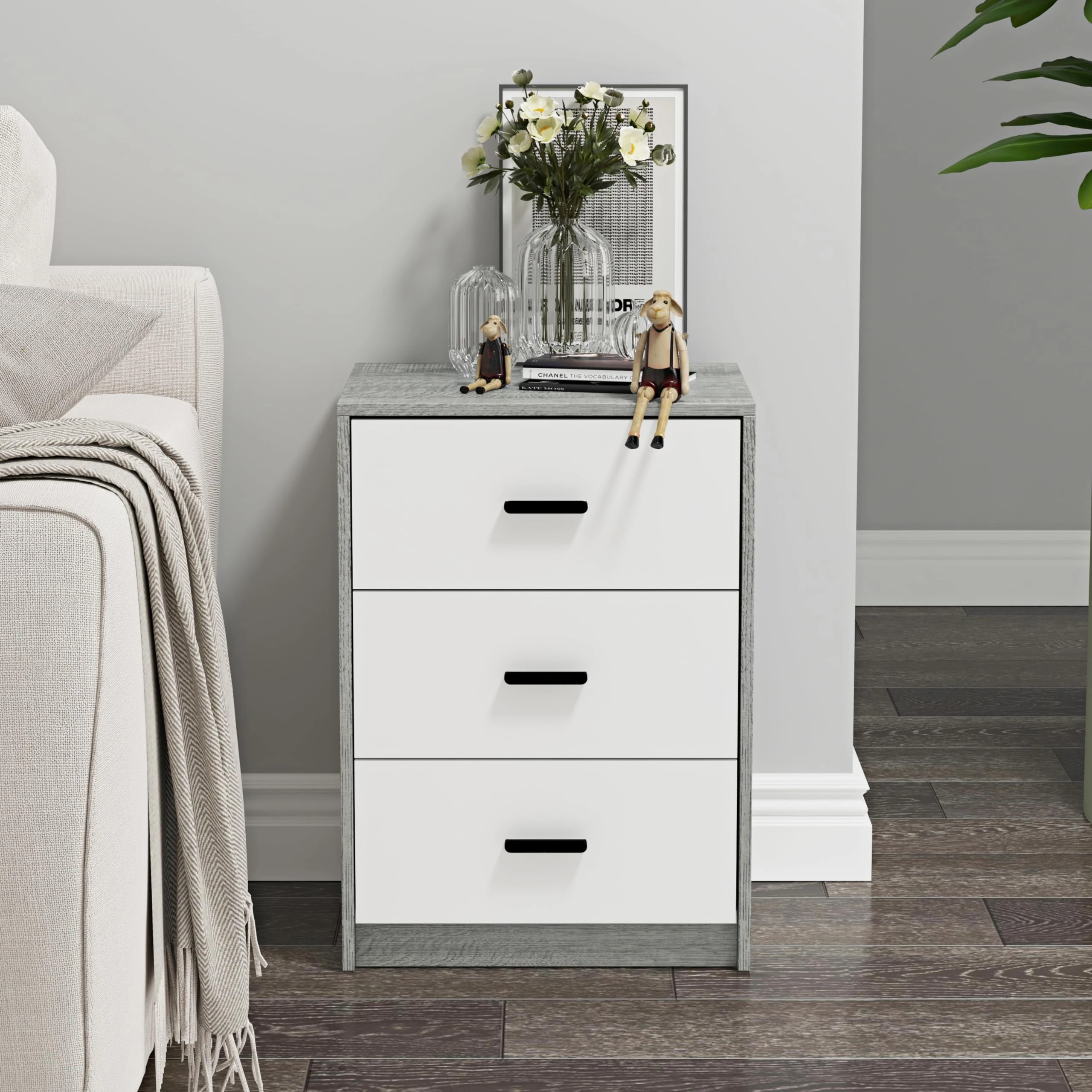 URBNLIVING 3 Drawer Wooden Bedroom Bedside Cabinet (Ash Grey Oak Carcass + White Drawers)