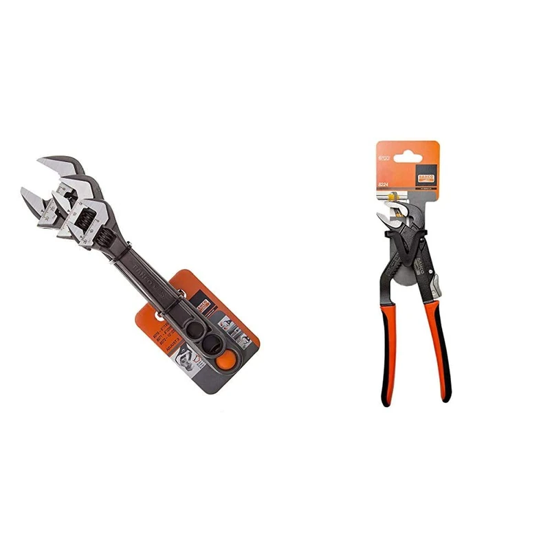 Bahco BHADJUST 3 ADJ3 Set of 3 Adjustable Wrenches (8070/8071 / 8072), Grey, 16 Degree Head Angle & 8224 Slip Joint Plier 250MM