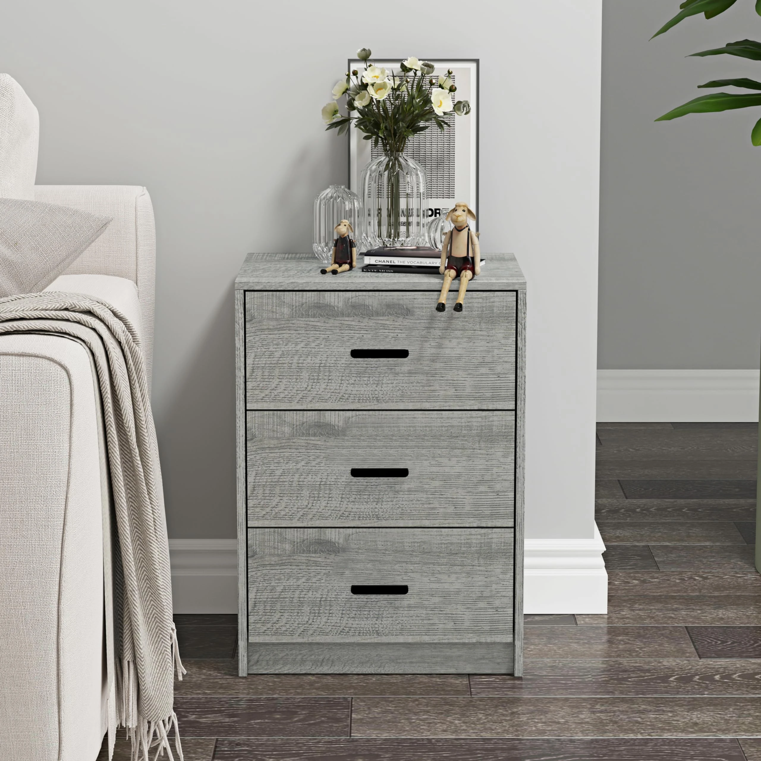 URBNLIVING 3 Drawer Wooden Bedroom Bedside Cabinet (Ash Grey Oak Carcass + Ash Grey Oak Drawers)