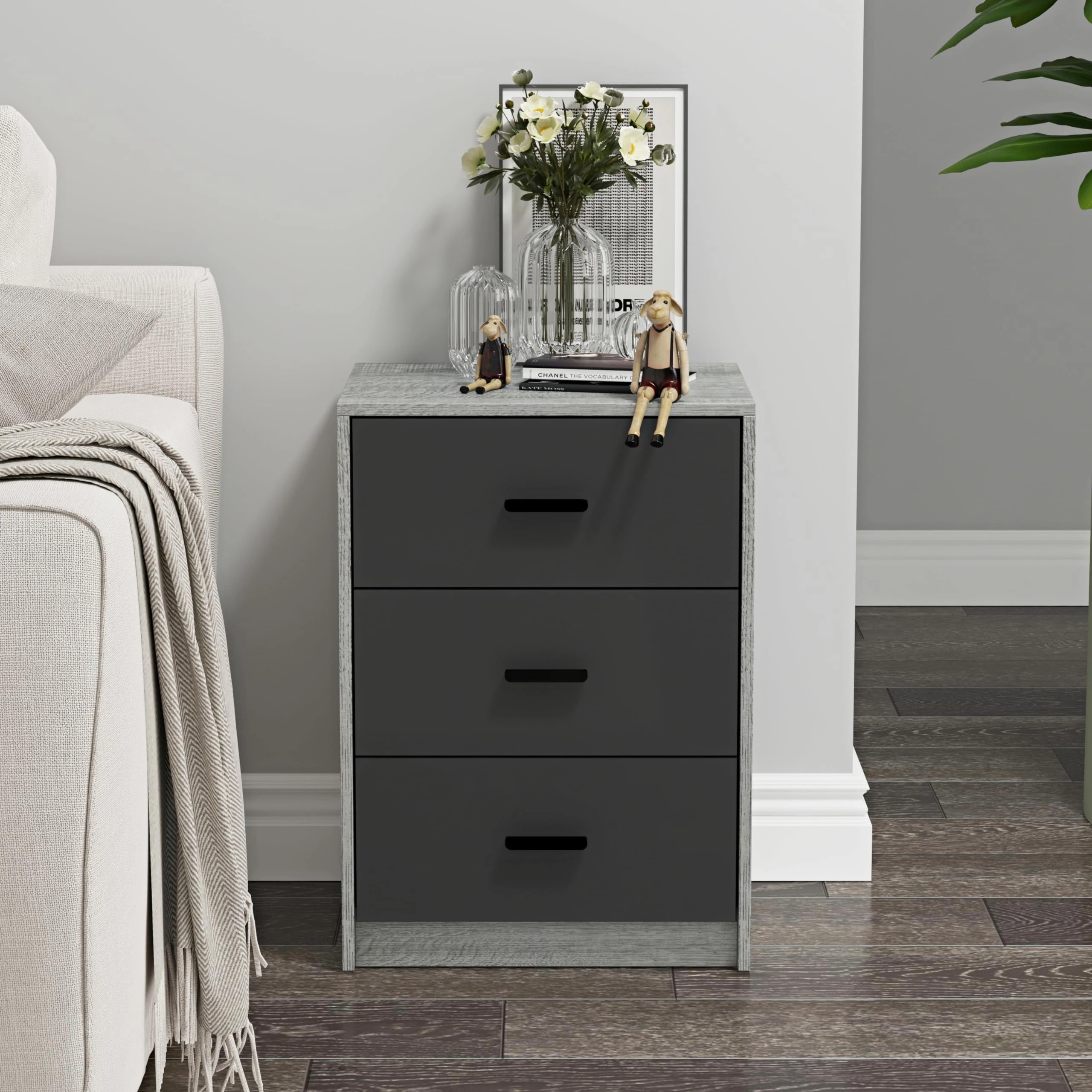 URBNLIVING 3 Drawer Wooden Bedroom Bedside Cabinet (Ash Grey Oak Carcass + Black Drawers)