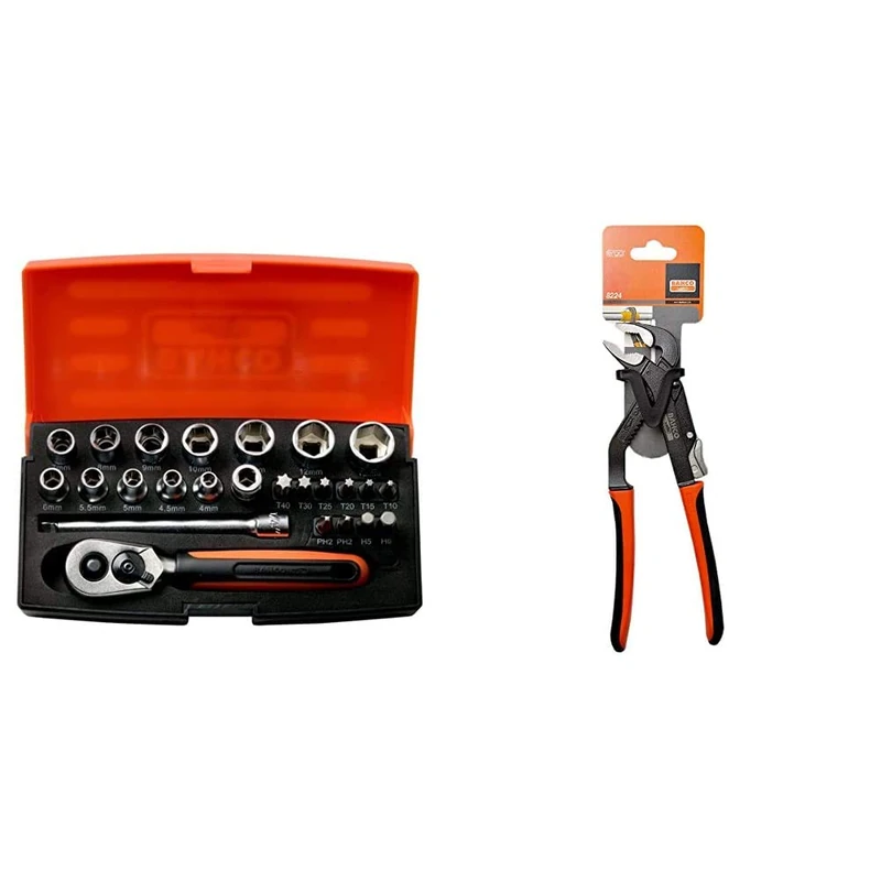 Bahco SL25 Ratchet Socket Set, Metric 1/4" Drive, 25 Pieces & 8224 Slip Joint Plier 250MM