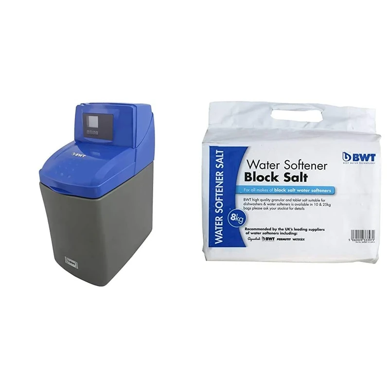 BWT WS555 Hi Flow Electronic Demand Block/Tablet Water Softener, Blue, 14 Litre & SALTBLO Water Softener Block Salt, White, 8 kg, Set of 2 Pieces