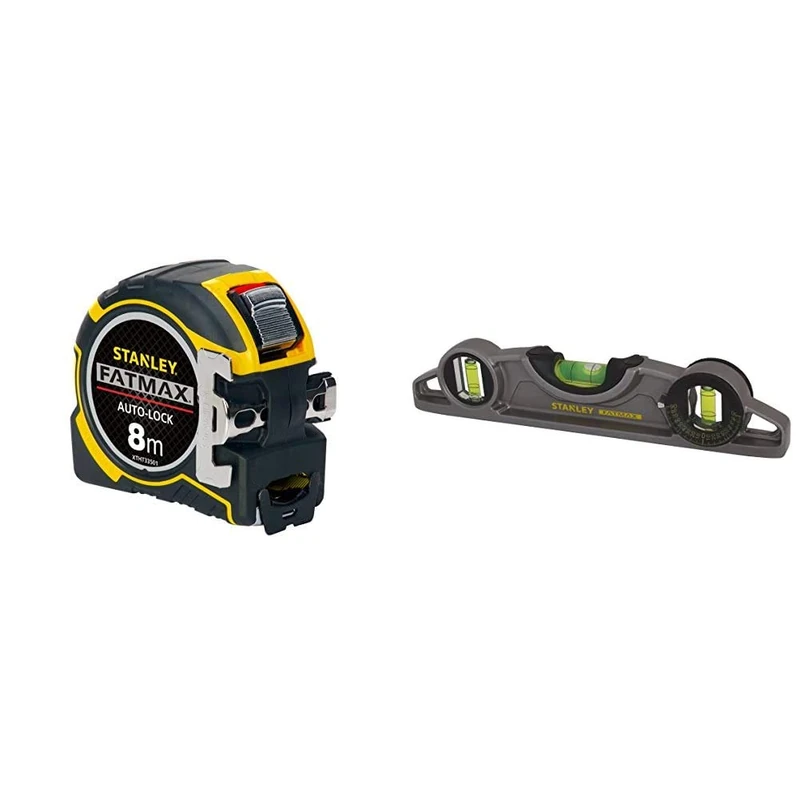 STANLEY XTHT0-33501 FATMAX Autolock Tape, 8m Metric Only, Yellow/Black & STANLEY FATMAX XTREME Torpedo Level Heavy Duty Aluminium Body and Magnetic Base Including 3 Reversible Vials 0-43-609