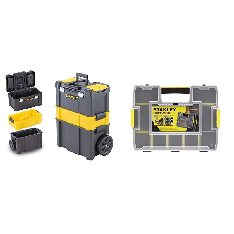 STANLEY Essential Rolling Workshop Toolbox, 3 Tier Stackable Units, STST1-80151 & STANLEY Sortmaster Stackable Storage Organiser for Tools, Small Parts, Adjustable Compartments, 1-97-483