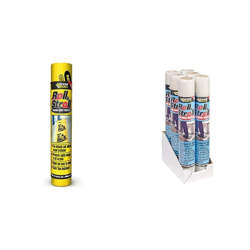 SIKA Roll & Stroll Premium Carpet Protector - Self Adhesive Floor Protection - 75 m - Yellow & Roll & Stroll Hard Surface Protector - Self adhesive floor protection - 600mm x 25m - Clear Branded Film