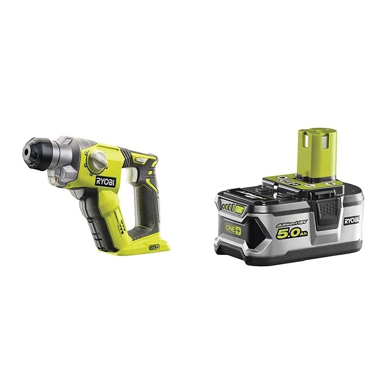 Ryobi R18SDS-0 ONE+ SDS Plus Cordless Rotary Hammer Drill (Body Only) - Hyper Green & RB18L50 ONE+ Lithium+ 5.0Ah Battery, 18 V