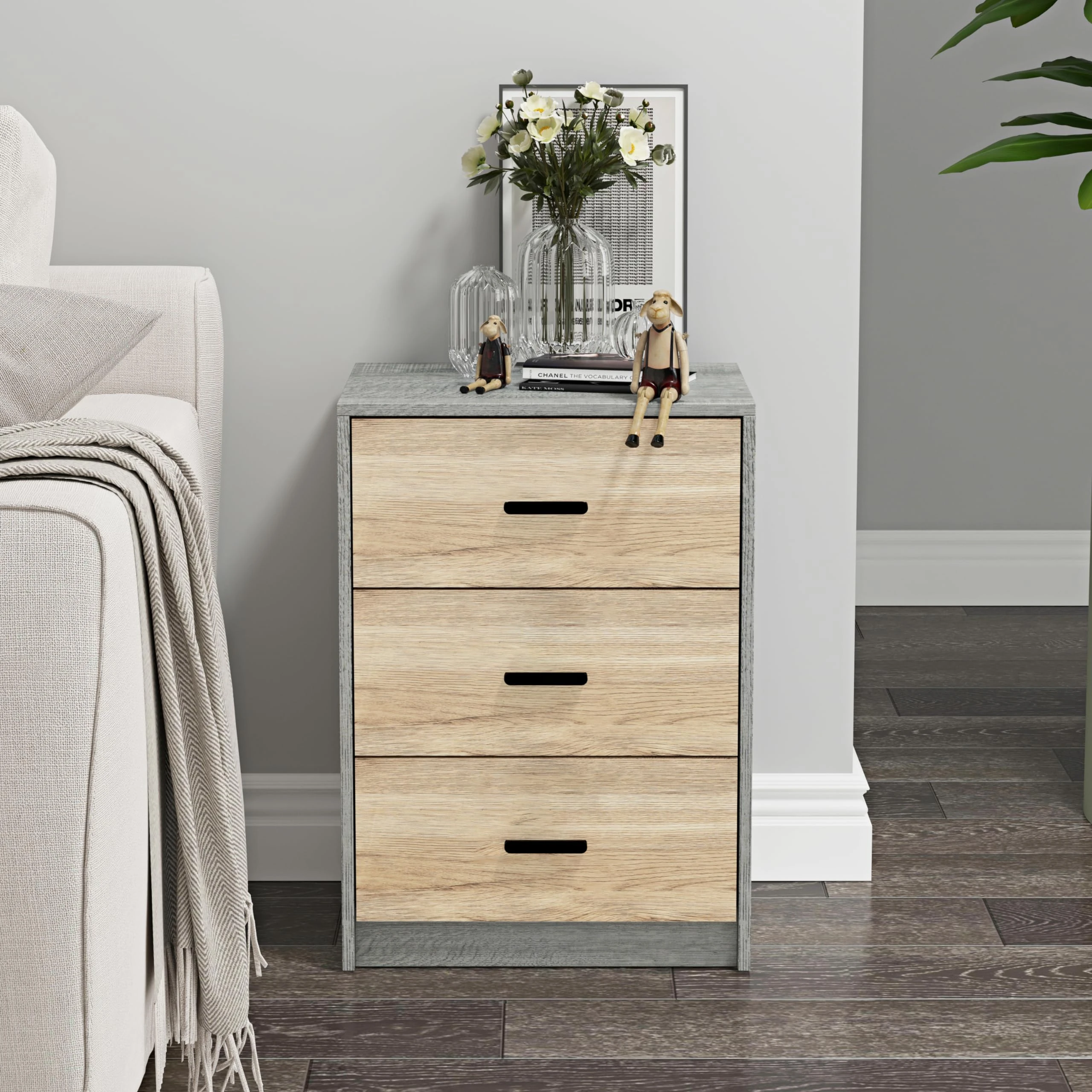 URBNLIVING 3 Drawer Wooden Bedroom Bedside Cabinet (Ash Grey Oak Carcass + Oak Drawers)