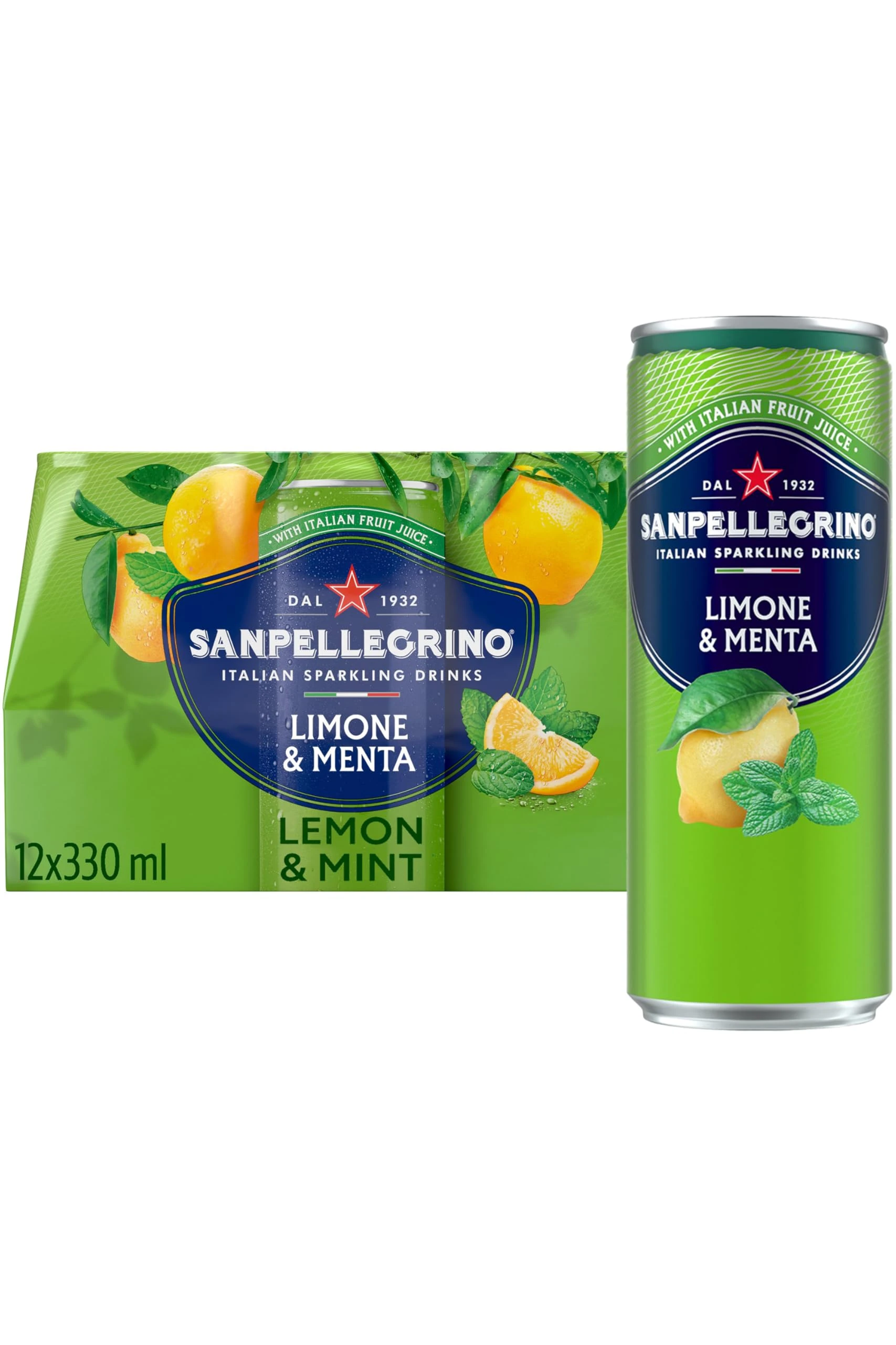 San Pellegrino Italian Sparkling Drinks Tastefully Light Sparkling Lemon & Mint Canned Soft Drink 12 x 330ml, 74 kCals per Can