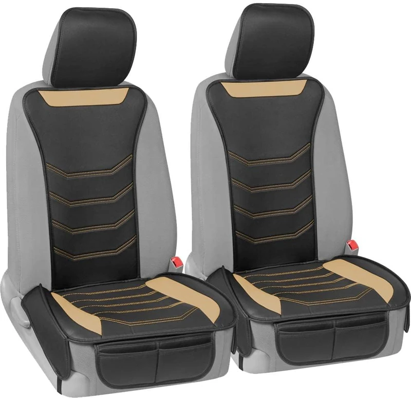 Motor Trend LuxeFit Beige Seat Covers for Cars Trucks Van SUV (2 Pack), Premium Faux Leather Car Seat Covers, Easy to Install Automotive Seat Covers with Storage Pockets, Fits Most Vehicles