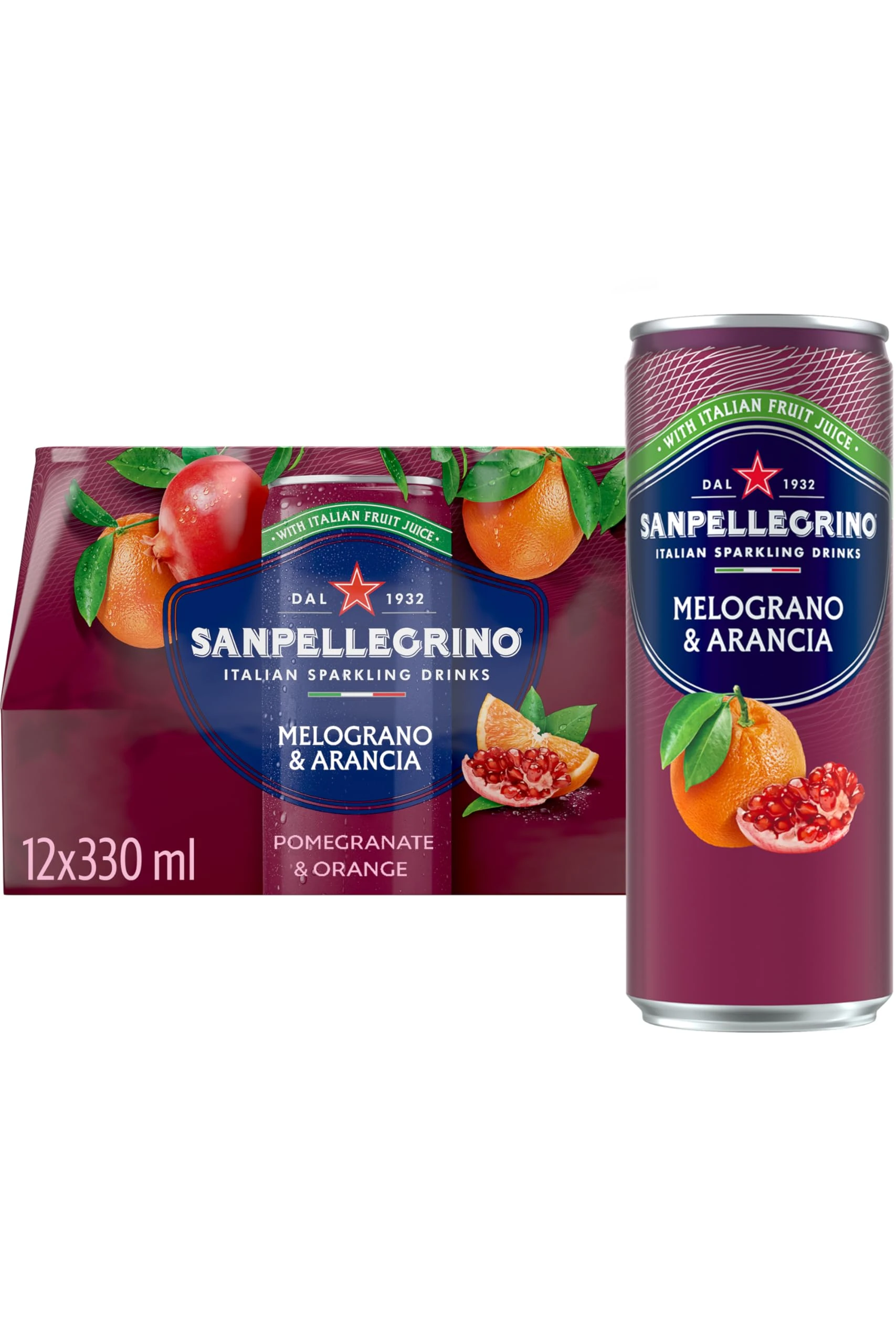 San Pellegrino Italian Sparkling Drinks Tastefully Light Sparkling Pomegranate & Orange Canned Soft Drink 12 x 330ml | 68 kCals per Can