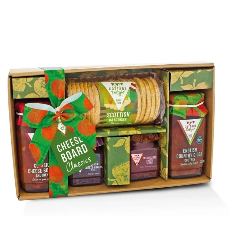Cottage Delight - Cheese Hamper, Cheeseboard Chutney 330g, Cheese Maker's Pickle 115g, Caramelised Onion Chutney 105g, English Country Cider Chutney 325g with Scottish Oatcakes, Cheese Gift Set