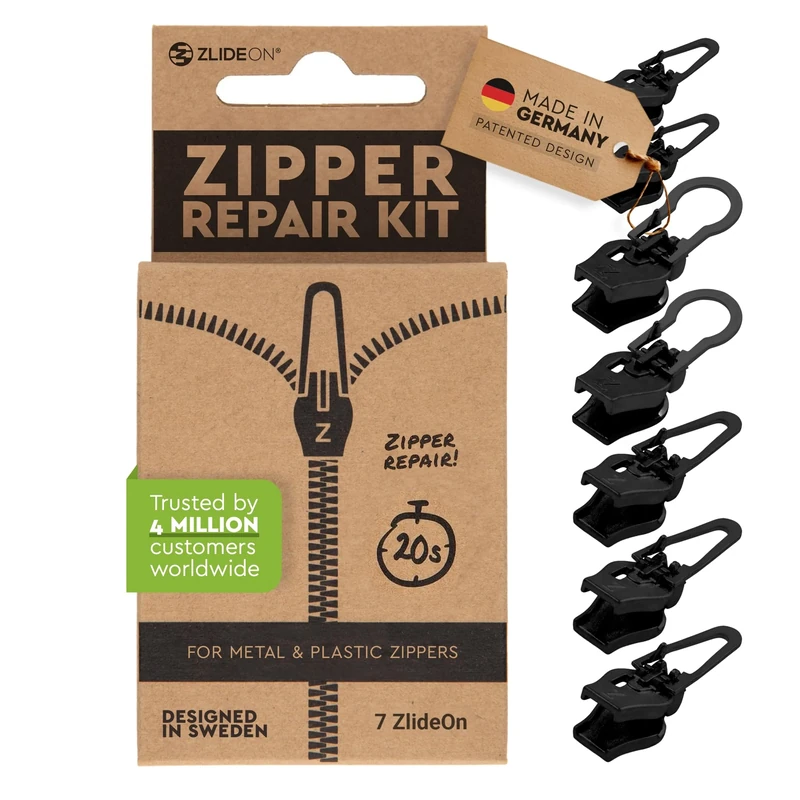 Zlideon Universal Zipper Repair Kit for Plastic & Metal Zippers Multipack - 7pcs, Black | Instant Zipper Pull Replacement Slider for Denim, Jacket, Winter Coat | Easy to Install | Made in Germany