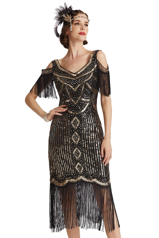 BABEYOND Womens 1920s Flapper Dress Vintage Long Fringe Dress Roaring 20s Sequins Beaded Dress, BlackGold, M