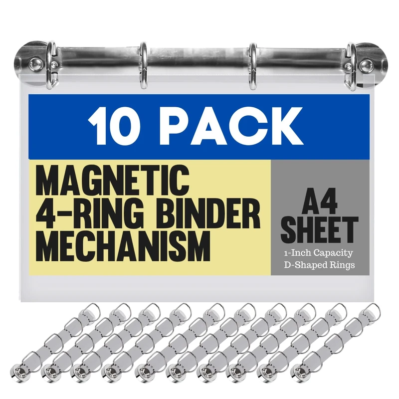 Magnetic Ring Binder Mechanism– 10 Pack – for Hanging A4 Size Sheets of Paper – 4 Rings – 1 Inch D Shaped Rings – 5S Visual Aid