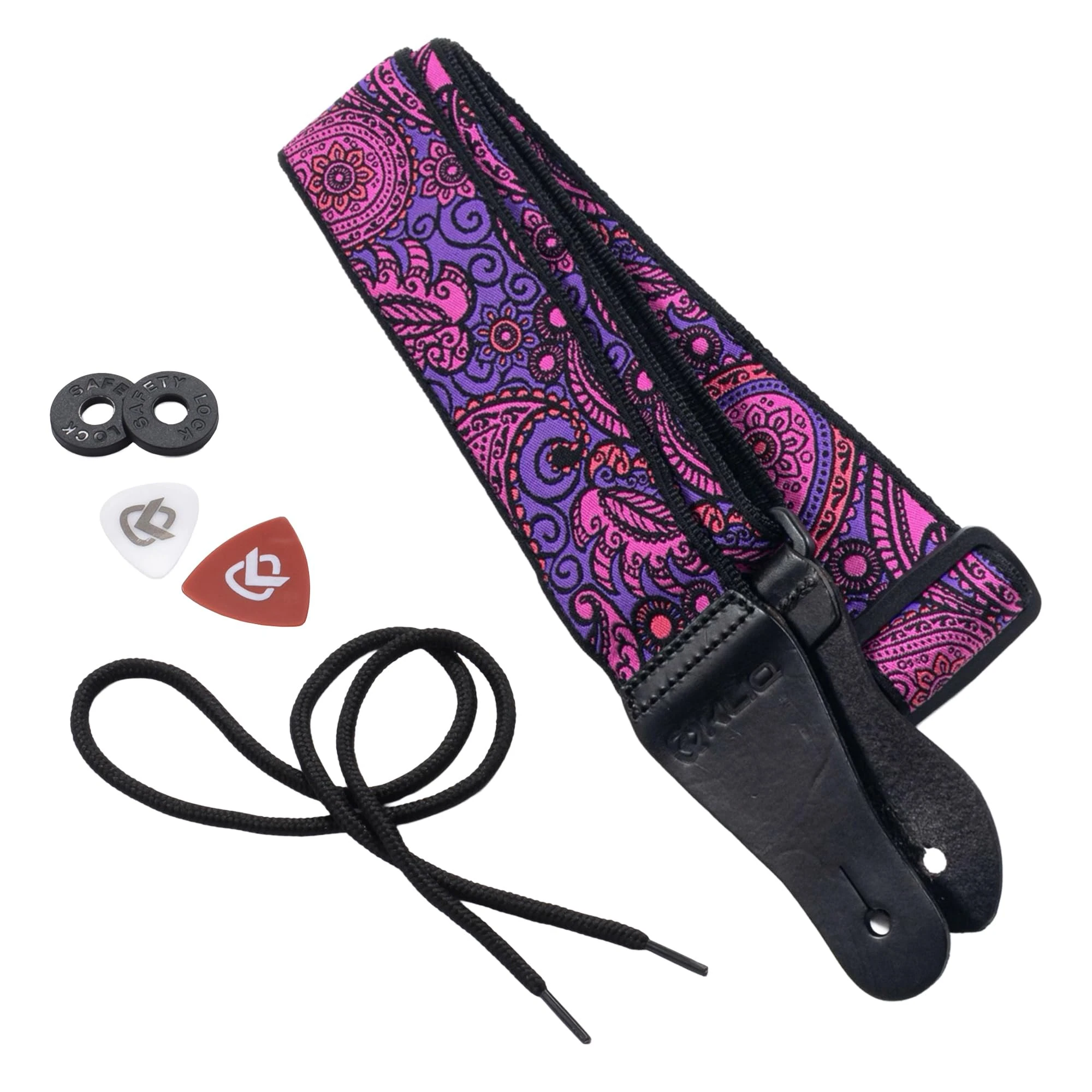 KLIQ Vintage Woven Guitar Strap for Acoustic and Electric Guitars + 2 Free Rubber Strap Locks, 2 Free Guitar Picks and 1 Free Lace | '60s Jacquard Weave Hootenanny Style | Pink & Purple Paisley