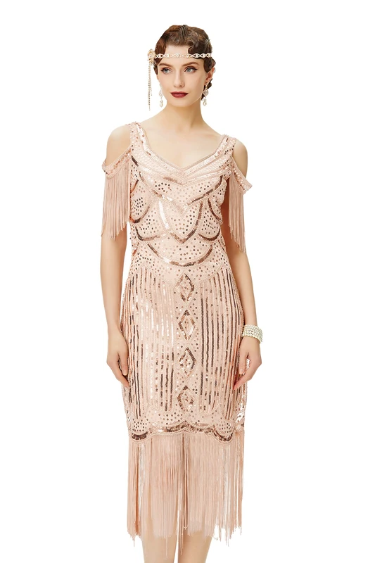 BABEYOND 1920s Vintage Flapper Sequin Beaded Fringed Dress, Pink Gold, L - Image 1
