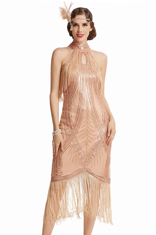 BABEYOND 1920s Flapper Dress, Rosegold, XL: Art Deco, Striped, Fringed, Sleeveless, Maxi Dress for Women's Formal/Theme Parties