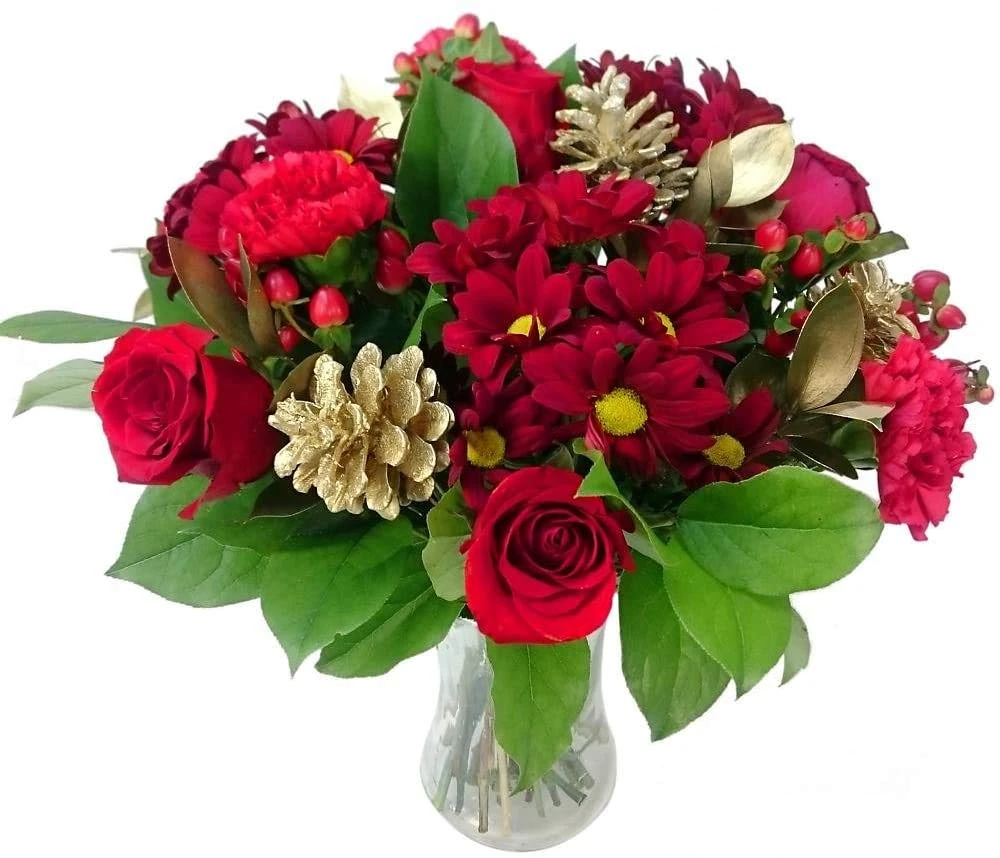 Clare Florist Gilded Christmas Fresh Flower Bouquet - Fresh Rose Flowers and Pine Cones for a Festive Christmas