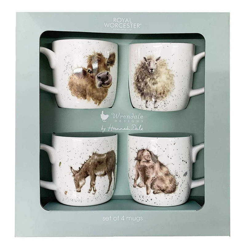 Royal Worcester x Wrendale Designs Set of 4 Coffee Mugs in Gift Box - Fine Bone China Mugs with Handle, Microwave & Dishwasher Safe, Featuring Different Animal Design, Perfect for Hot Drinks