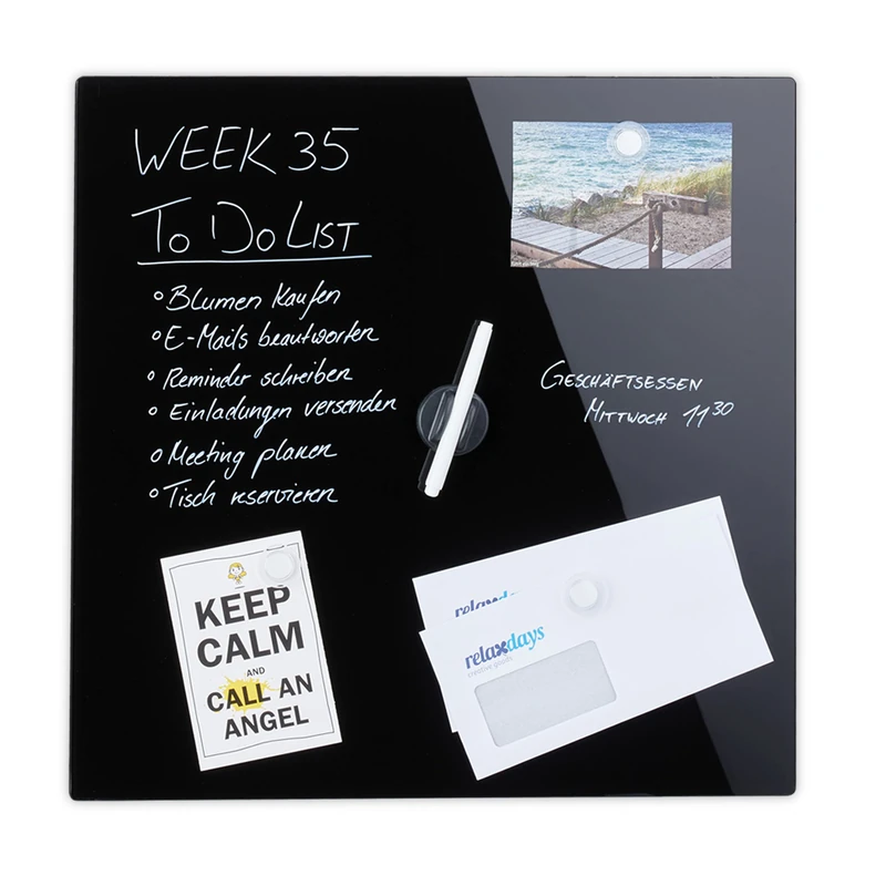 Relaxdays Glass Magnetic Dry Erase Memo Board, Writable, 3 Magnets, Safety Glass Magnet Board 50 x 50 cm, Black