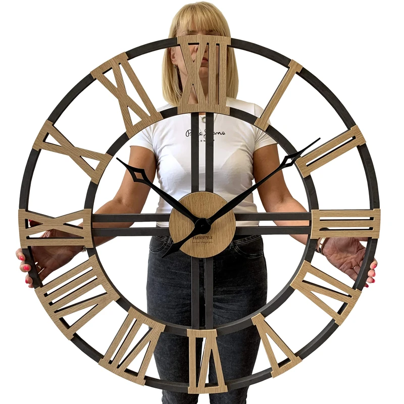 FLEXISTYLE large wall clock WOOD LOFT 80cm vintage wooden oak roman numerals oversized XL silent non ticking for office living room bedroom