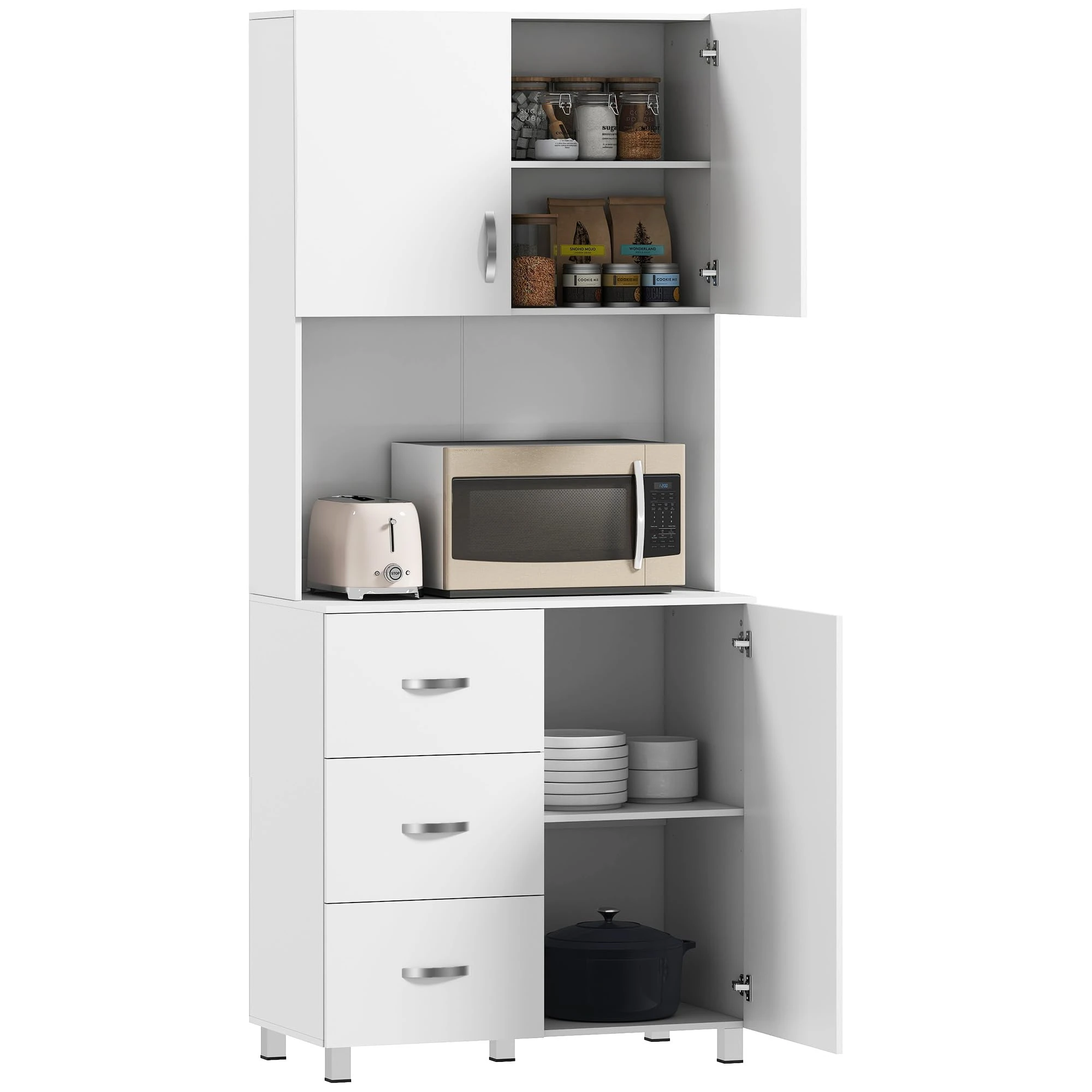 HOMCOM Free standing Kitchen Cupboard, Storage Cabinet with Doors and Sheleves, 3 drawers and Open Space, Adjustable Height Storage Unit, White