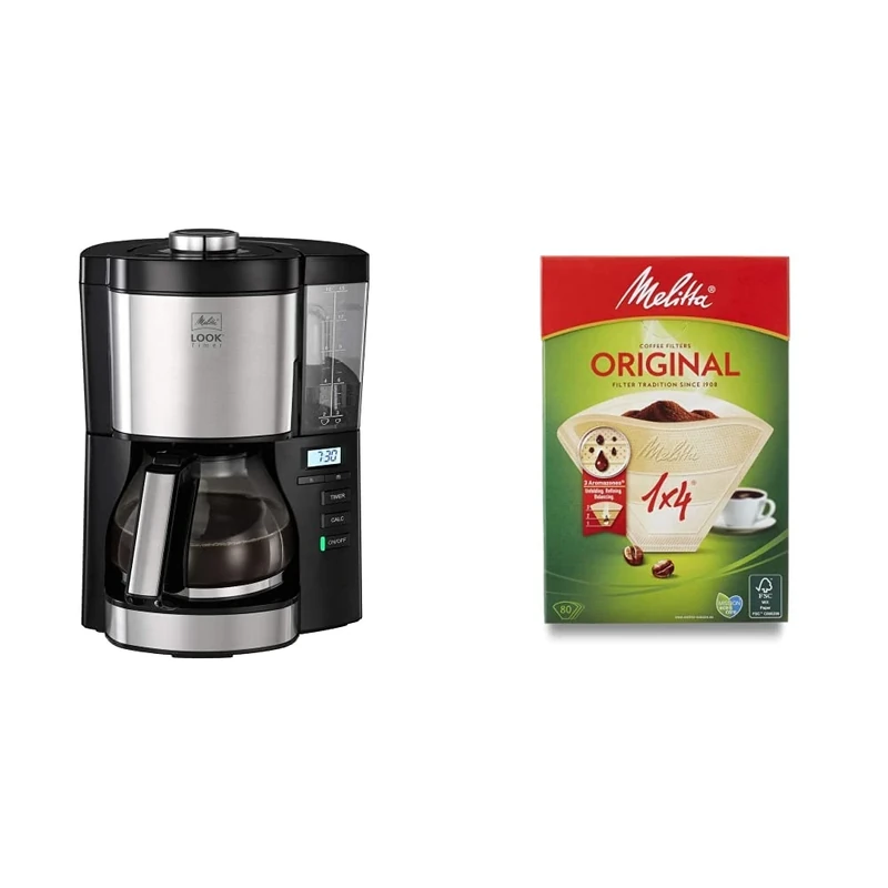 Melitta Filter Coffee Machine, Look V Timer Model, Art. No. 6766591, Stainless Steel, Black & 6658076 Pack Original Size 1x4, 80, Filter Coffee Makers, Brown, Plastic