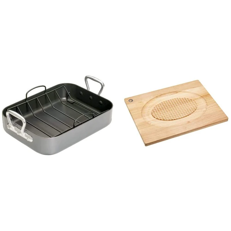 MasterClass Teflon Non Stick Roasting Tin with Rack, Carbon Steel, Grey, 36 x 27 x 7.5 cm + Reversible Wooden Meat Carving Board with Spikes and Chopping Board, 46 x 36 cm