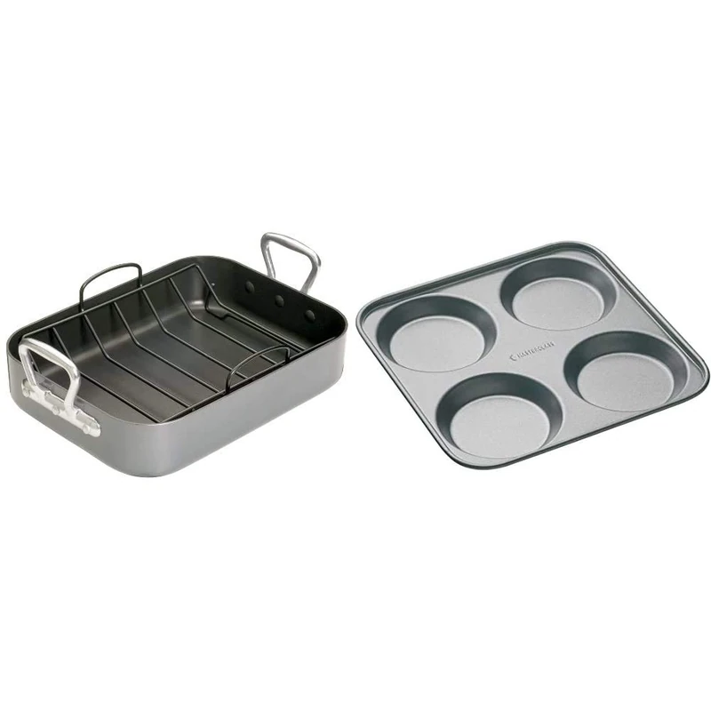 MasterClass Teflon Non Stick Roasting Tin with Rack, Carbon Steel, Grey, 36 x 27 x 7.5 cm + Non-Stick 4-Hole Yorkshire Pudding Tray, 24 cm