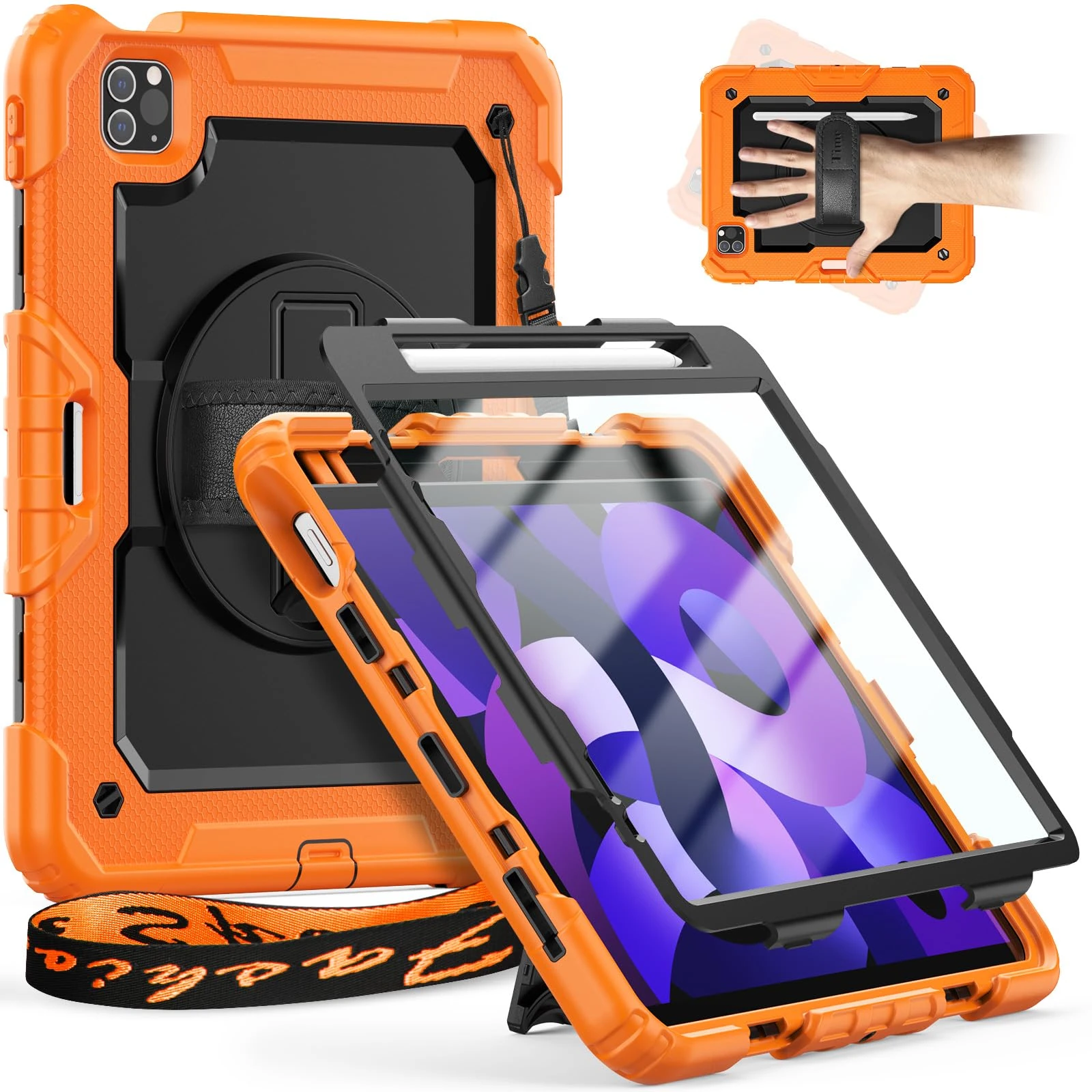 Timecity Case ONLY For iPad Air 5th Generation 2022/ iPad Air 4th Generation 2020, iPad air 10.9 inch case, Sturdy Protection Case with Screen Protector [360 Rotating Stand] Hand Strap, Orange