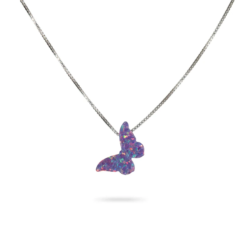Purple Lilac Opal Butterfly Sterling Silver 925 Box Chain Necklace Gift for Women Girl Teens Delicate Synthetic Opal Jewelry 16"+extension