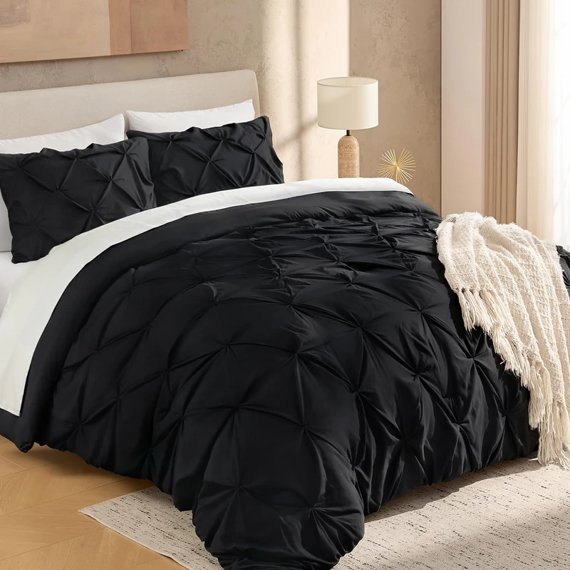 Andency Full Pinch Pleat Black Comforter Set 3 Piece Bedding