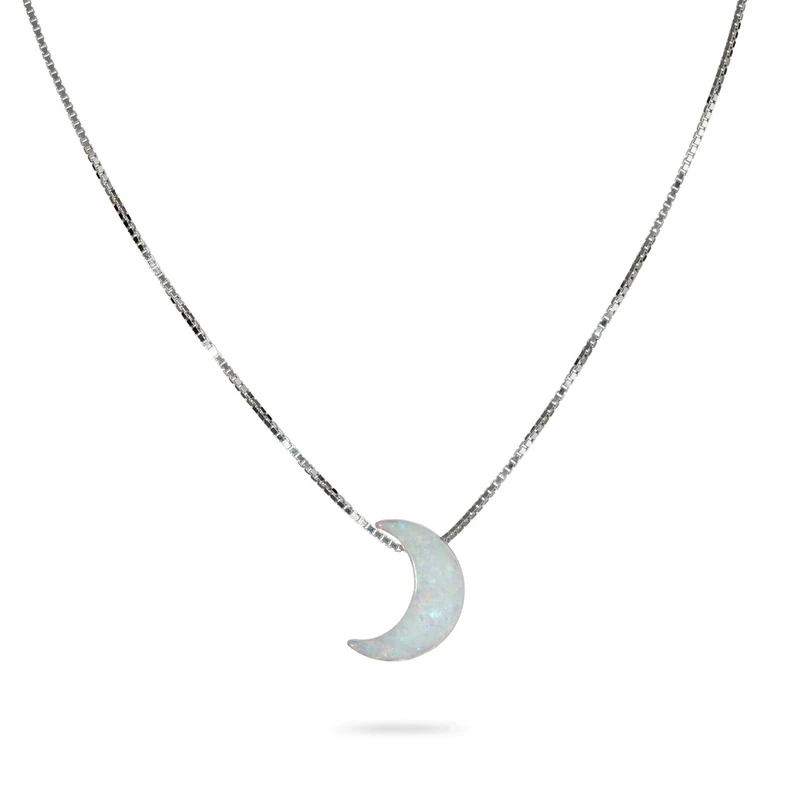 White Opal Moon Necklace Crescent Moon Choker Jewelry 925 Sterling Silver Dainty Box Chain Length 16+2 Inches Extender Gift for Girl Women