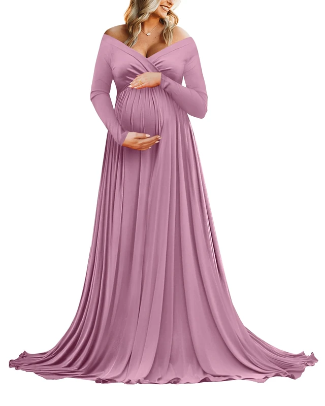 Saslax Maternity Off Shoulders Half Circle Gown for Baby Shower Photo Props Dress, Mauve 64, L