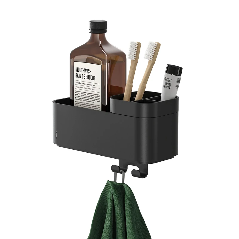 Tiger 2-Store Storage tray with towel hook and toothbrush holder 25 cm Black