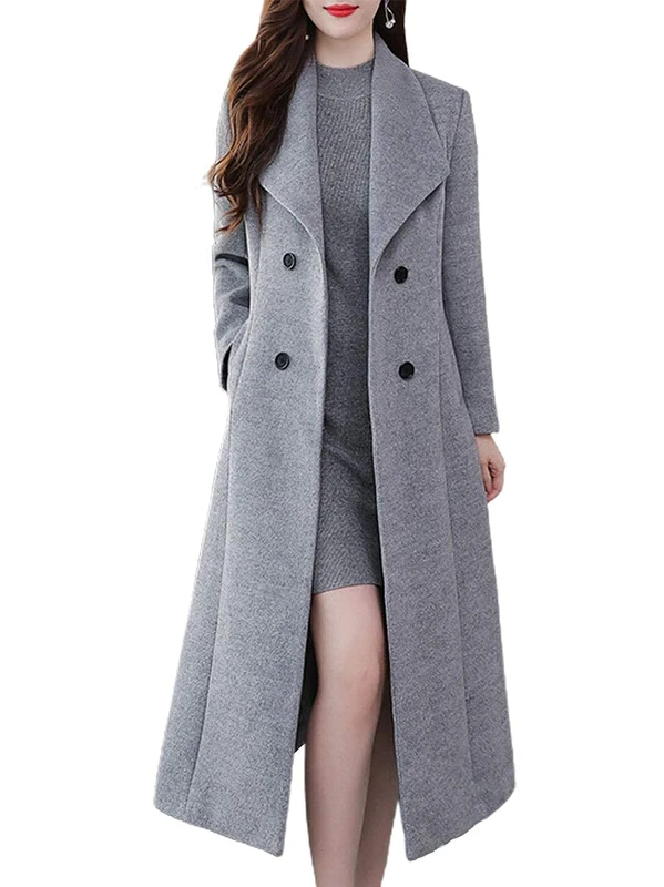 ebossy Women's Shawl Collar Double Breasted Below Knee Slim Wool Trench Long Coat, Grey, Medium