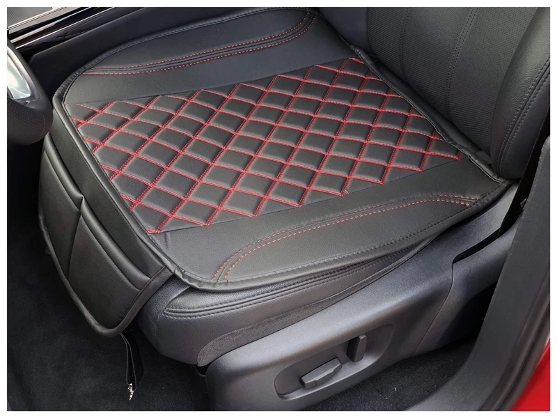 BREMER SITZBEZÜGE OT402 Faux Leather Seat Cover Compatible with VW Touareg 2 C2 Seat Cushion in Faux Leather Black/Red Stitching