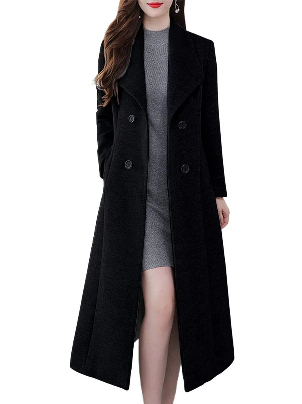 ebossy Women's Shawl Collar Double Breasted Below Knee Slim Wool Trench Long Coat, Black, Large