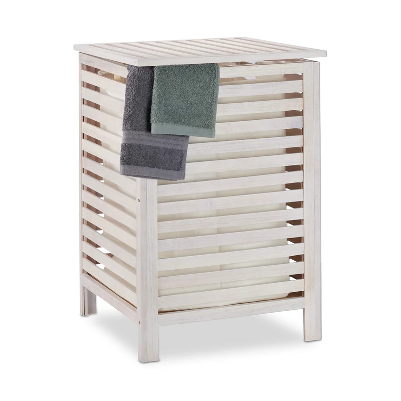 Relaxdays Hamper, Walnut, 52 L, Vintage, Removable Laundry Bag, 65.5 x 45 x 45 cm, White, Wood