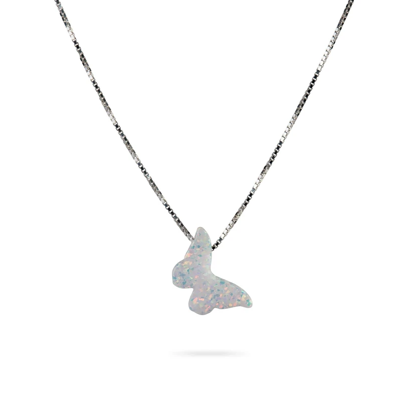 White Opal Butterfly Sterling Silver Box Chain Necklace Gift for Women Girl Delicate Opal Jewelry