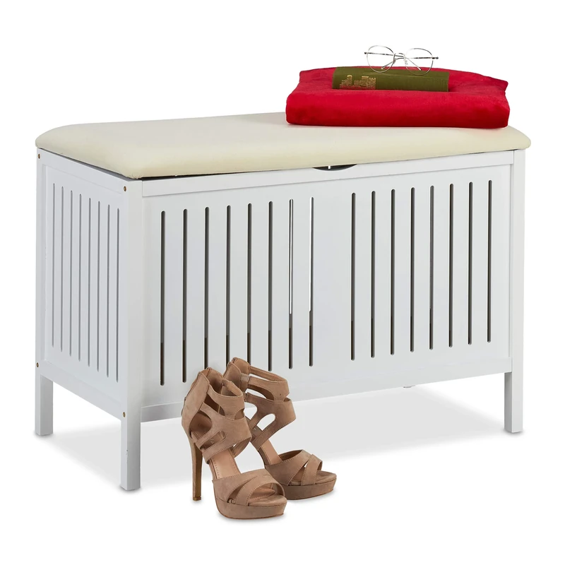 Relaxdays Wooden Bench with Storage, Padded Bench Seat, 80 l Compartment, Country Style, Wood, Chest HxWxD: 56 x 78 x 39 cm, White