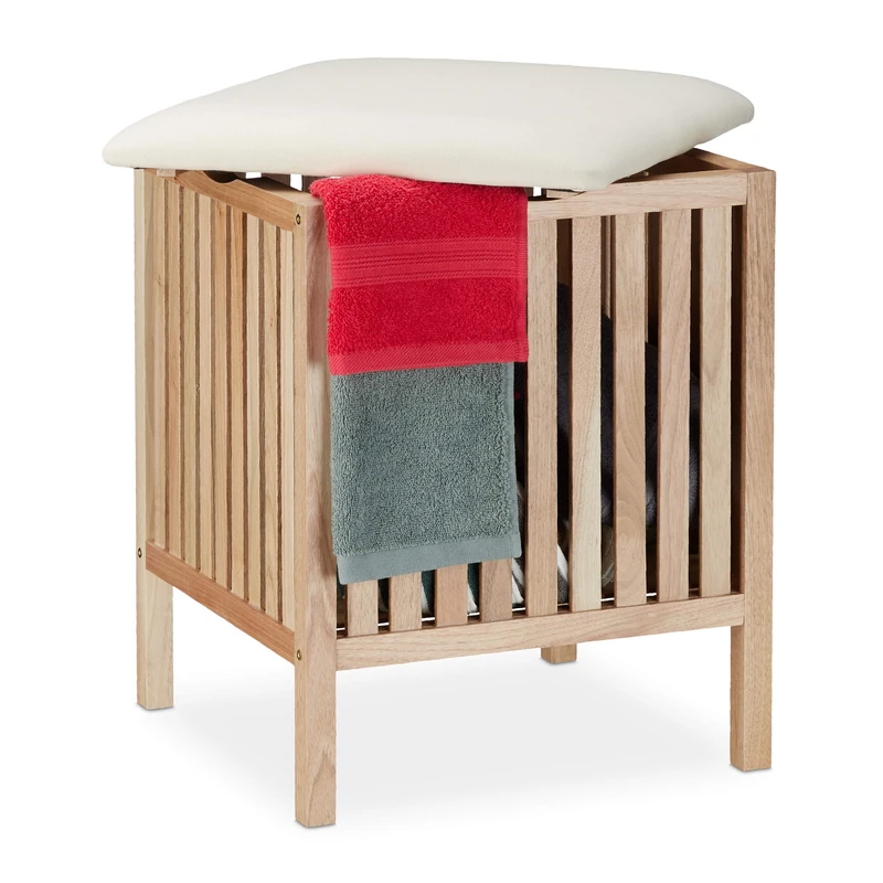 Relaxdays Washing Basket, with Seat, Laundry Hamper, Walnut Wood, 40L, Storage, HxWxD: 51 x 41 x 41 cm, Natural/White
