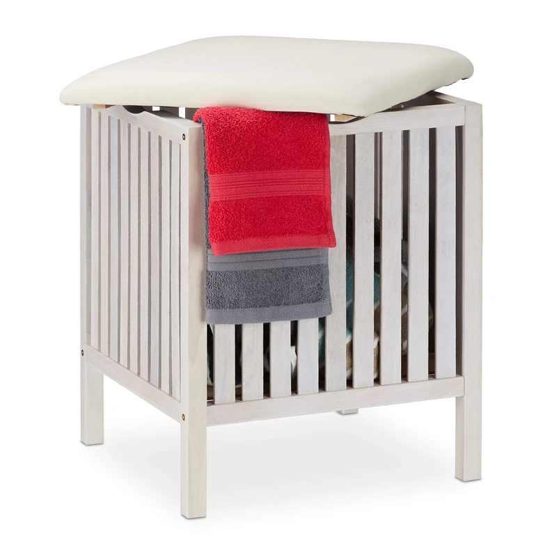 Relaxdays Washing Basket, with Seat, Laundry Hamper, Walnut Wood, 40L Volume, Storage, HxWxD: 53 x 41 x 41 cm, White - Image 1