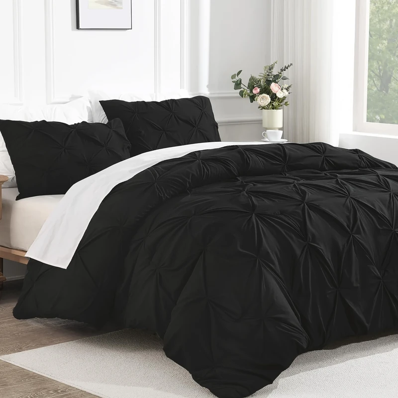 Andency Black Pinch Pleat Comforter Queen(90x90Inch), 3 Pieces(1 Pintuck Comforter and 2 Pillowcases) Pintuck Comforter Set, Microfiber All Season Down Alternative Bedding Set