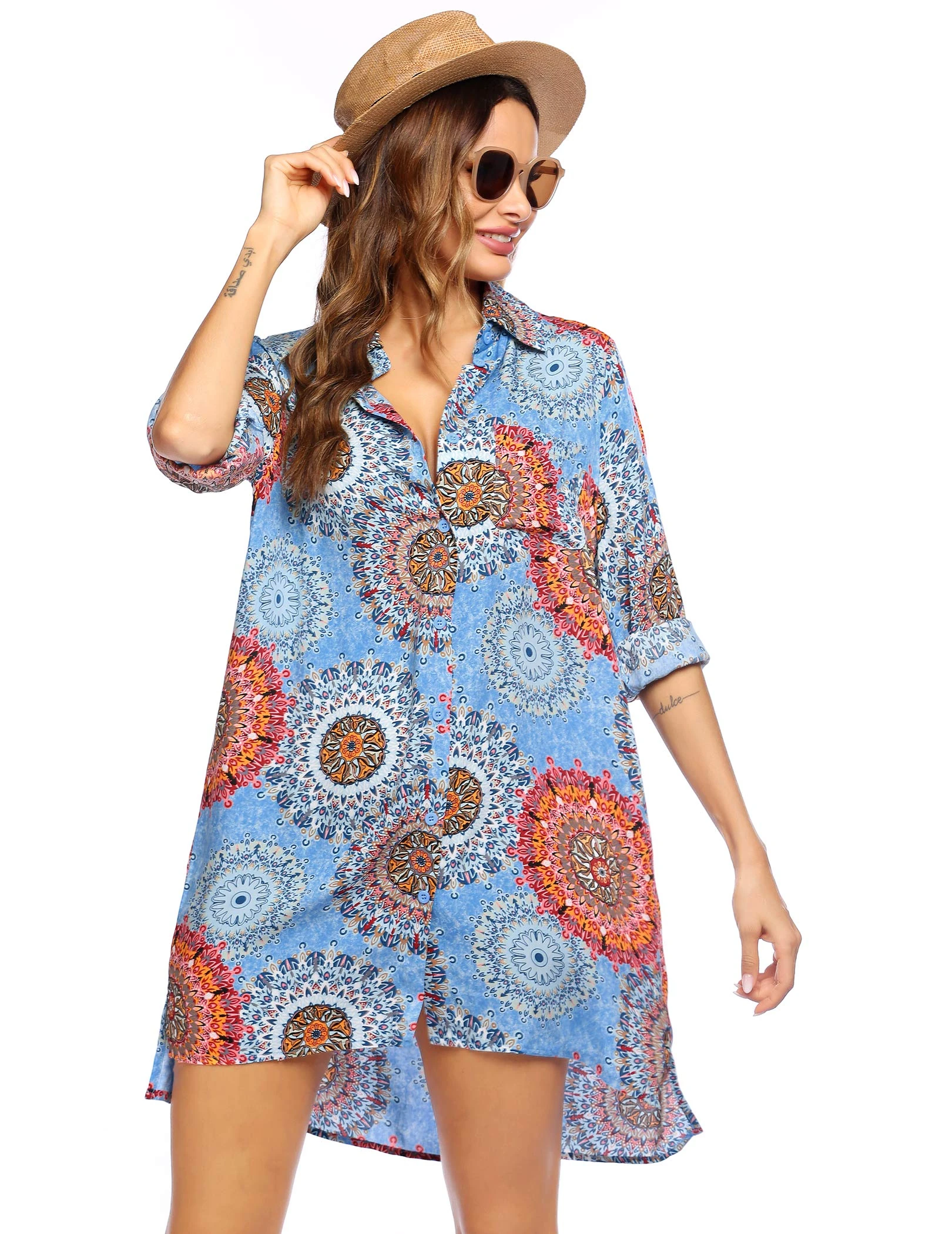 Ekouaer Women's Beach Bikini Cover Up Long Roll-Up Sleeve Beach Shirt Swimsuit Cover Up, Pat2-vintage Blue, S