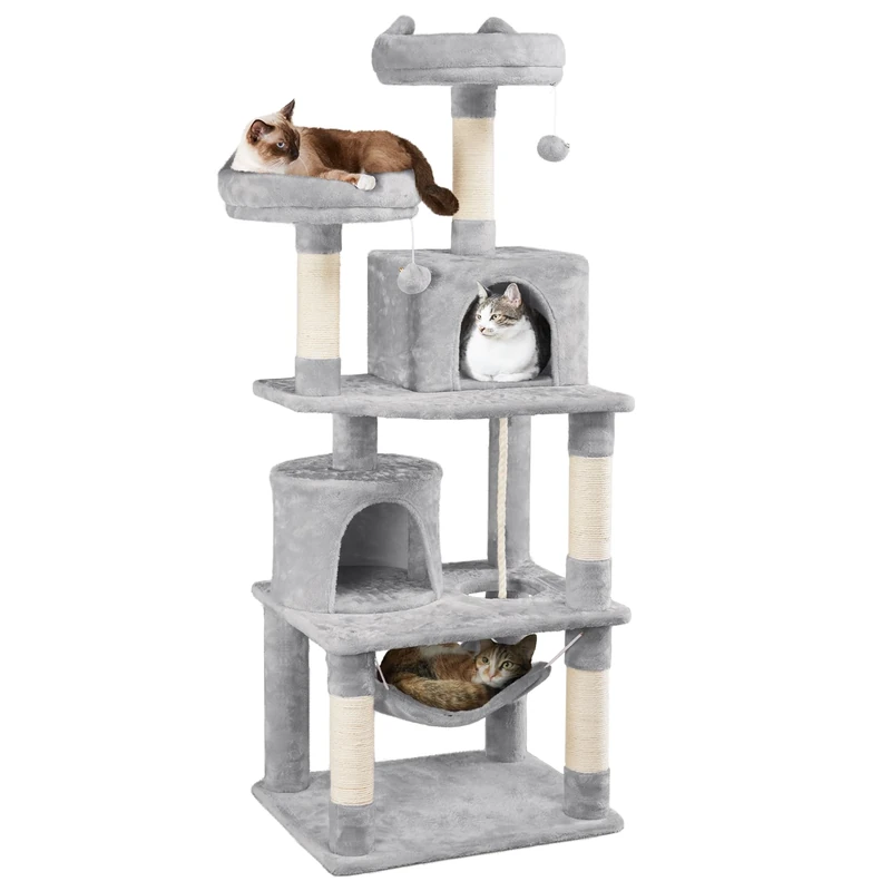 Yaheetech 158cm Multi-level Cat Tree Tower Large Kitten Scratching Posts with Condos/Perches/Hammock Broad-space Kitten Activity Centre, Light Grey