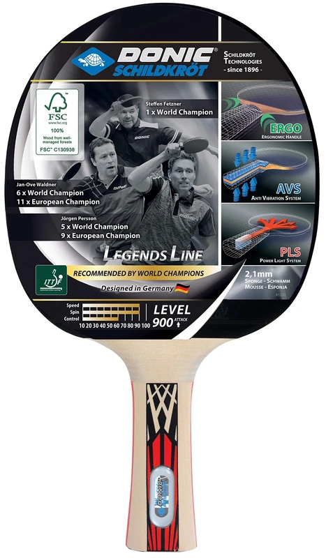 Donic-Schildkröt Legends 900 FSC Table Tennis Bat, AVS, PLS & Ergo-Grip, 2.1 mm Sponge, FSC Wood, Spinmax - ITTF Rubber, 754426