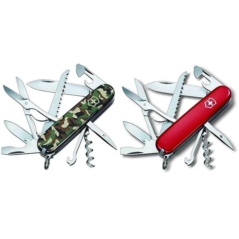 Victorinox Huntsman Swiss Army Pocket Knife, Medium, Multi Tool, 15 Functions, Camouflage & Huntsman Swiss Army Pocket Knife, Medium, Multi Tool, 15 Functions, Large Blade, Bottle Opener, Red